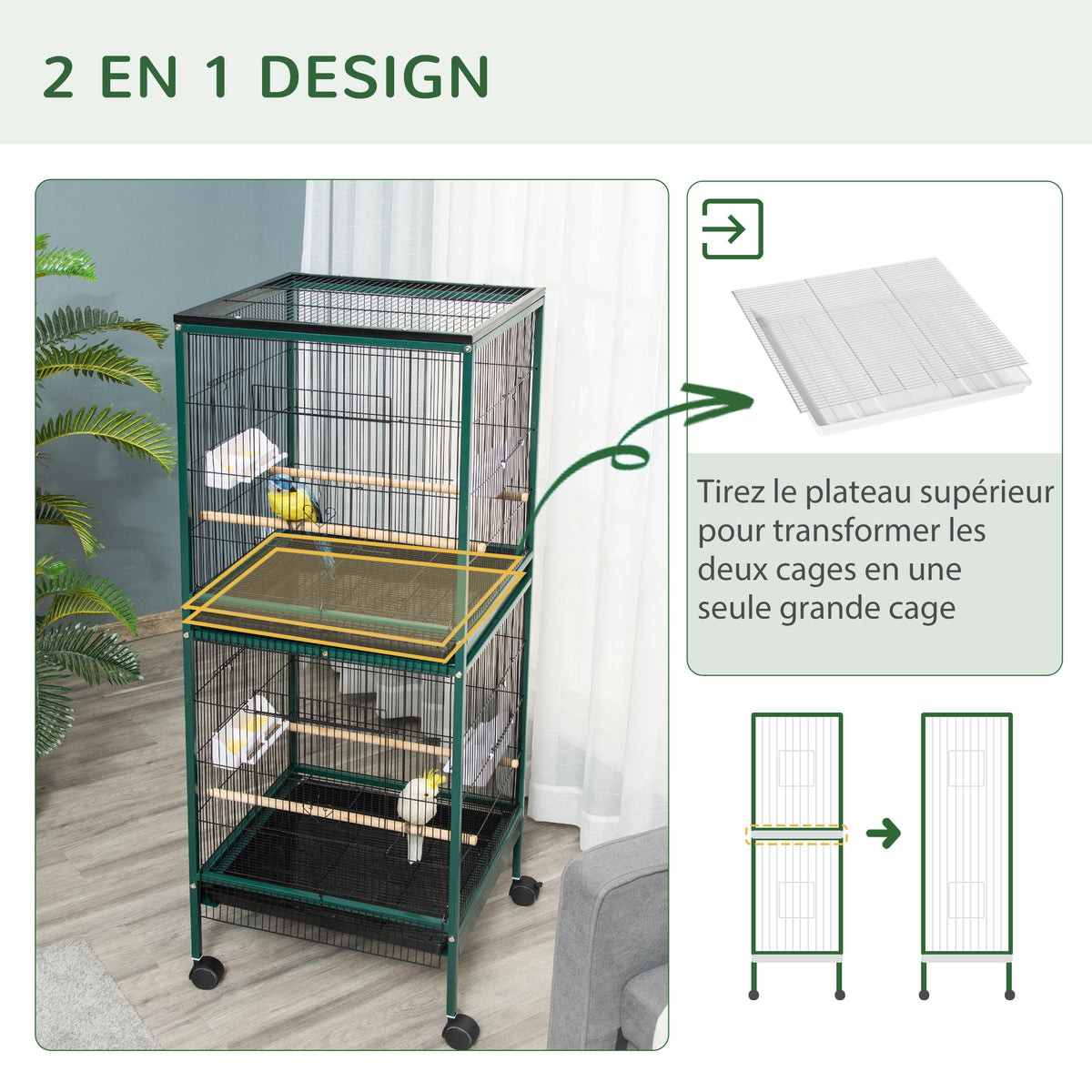 Grande Cage à Oiseaux sur pied double avec mangeoires perchoirs plateau amovible roulettes - Dim. 51,5L x 50l x 140H cm-3