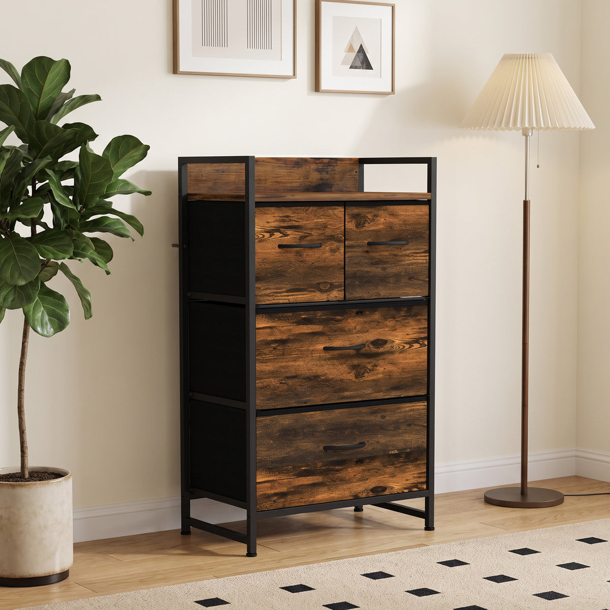 Meuble de rangement style industriel commode 4 tiroirs en tissu pliables et amovibles et 1 étagère - 50 x 29 x 85 cm-1