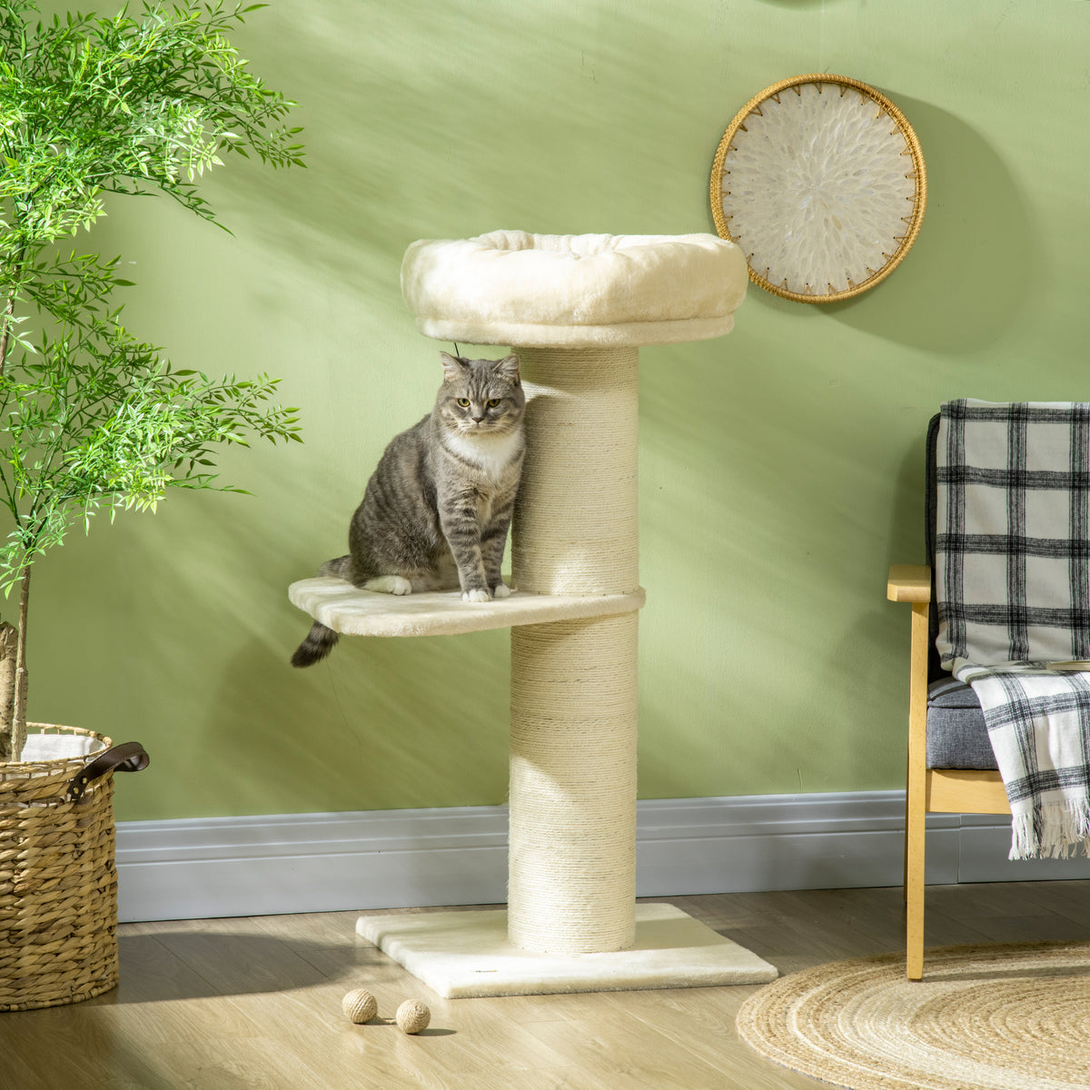 Arbre à chat griffoir sisal naturel 2 plateforme panier observation jeu boule suspendue peluche beige-1