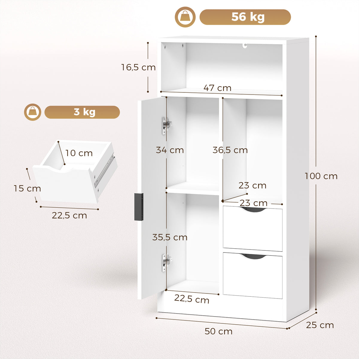 Meuble de salle de bain, meuble de rangement étroit avec 2 tiroirs, compartiments ouverts, 50x25x100cm, blanc-2