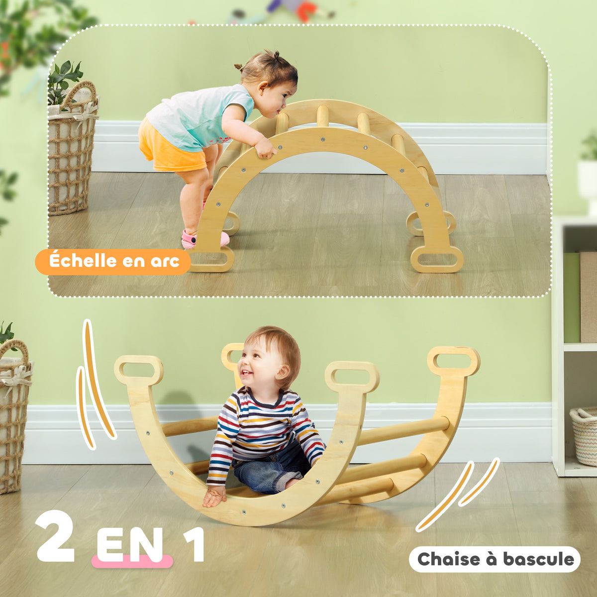 Arche escalade enfants bascule en bois d'intérieur pour garçons & filles, tout-petits de 18 à 48 mois, bois naturel-3