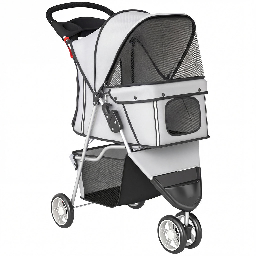 Poussette pour Chien 4 Roues, Chariot Pliable avec Auvent Réglable, Panier de Rangement, 77x44x102cm, Gris-0