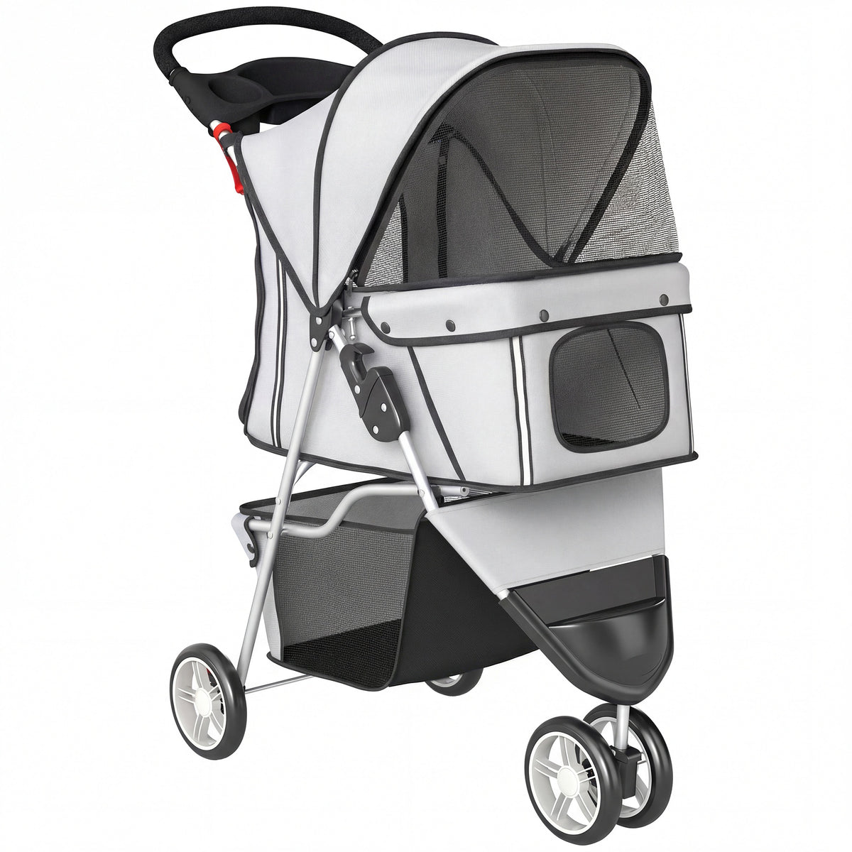 Poussette pour Chien 4 Roues, Chariot Pliable avec Auvent Réglable, Panier de Rangement, 77x44x102cm, Gris-0