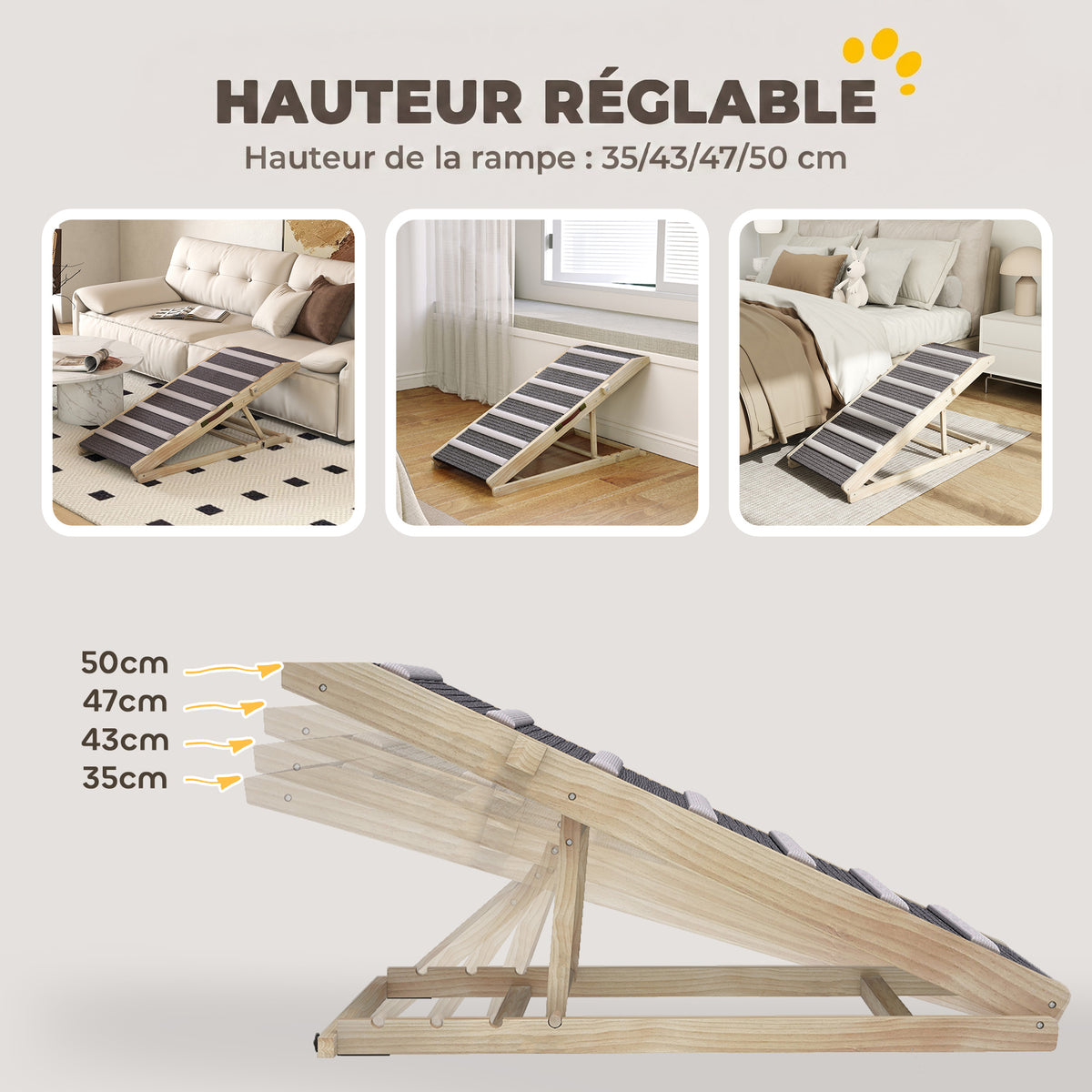 Rampe pour Chien en Bois avec Tapis Antidérapants, 4 Hauteurs Réglables de 35-50 cm, 100x50x50cm, Bois Naturel et Gris-5