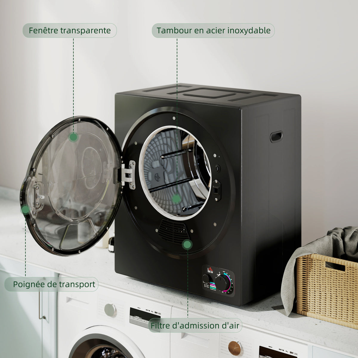 Sèche-linge électrique portable 850W, capacité 33L 4 modes de fonctionnement, acier inoxydable, 49 x 40,5 x 60 cm, noir-4