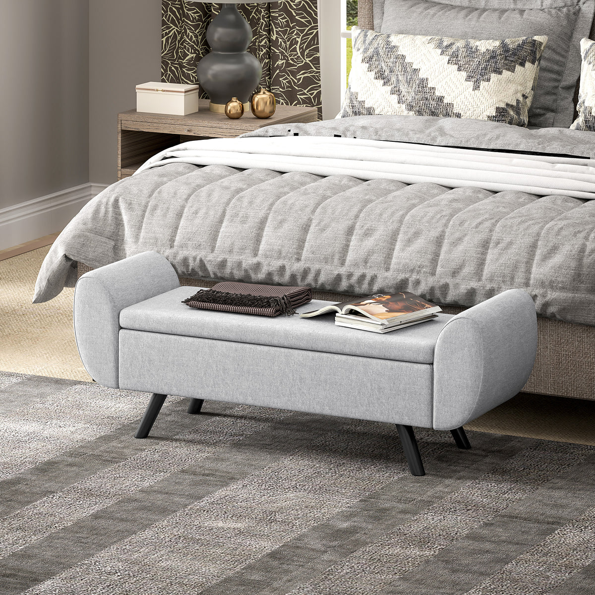 Banc de rangement 53,8L avec siège rembourré en lin et accoudoirs, pour salon, chambre, entrée, 132 x 42 x 50 cm, gris-1