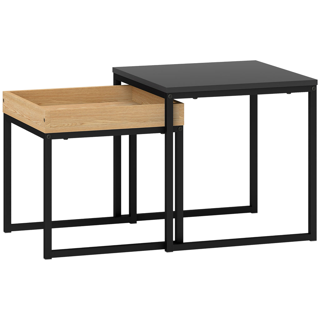 Lot de 2 tables basses gigognes carrées, tables gigognes de salon avec cadre en acier, style moderne, noir-0