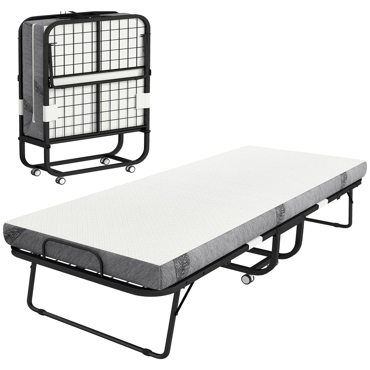 Lit pliant 1 personne 200 x 90 cm avec matelas, lit d'appoint pliable et portable sur roulettes, cadre en acier, blanc-0