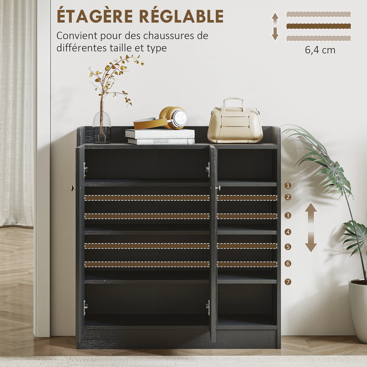 Meuble de rangement à chaussures pour entrée 12 paires - armoire à chaussures avec 4 compartiments ouverts- noir-4