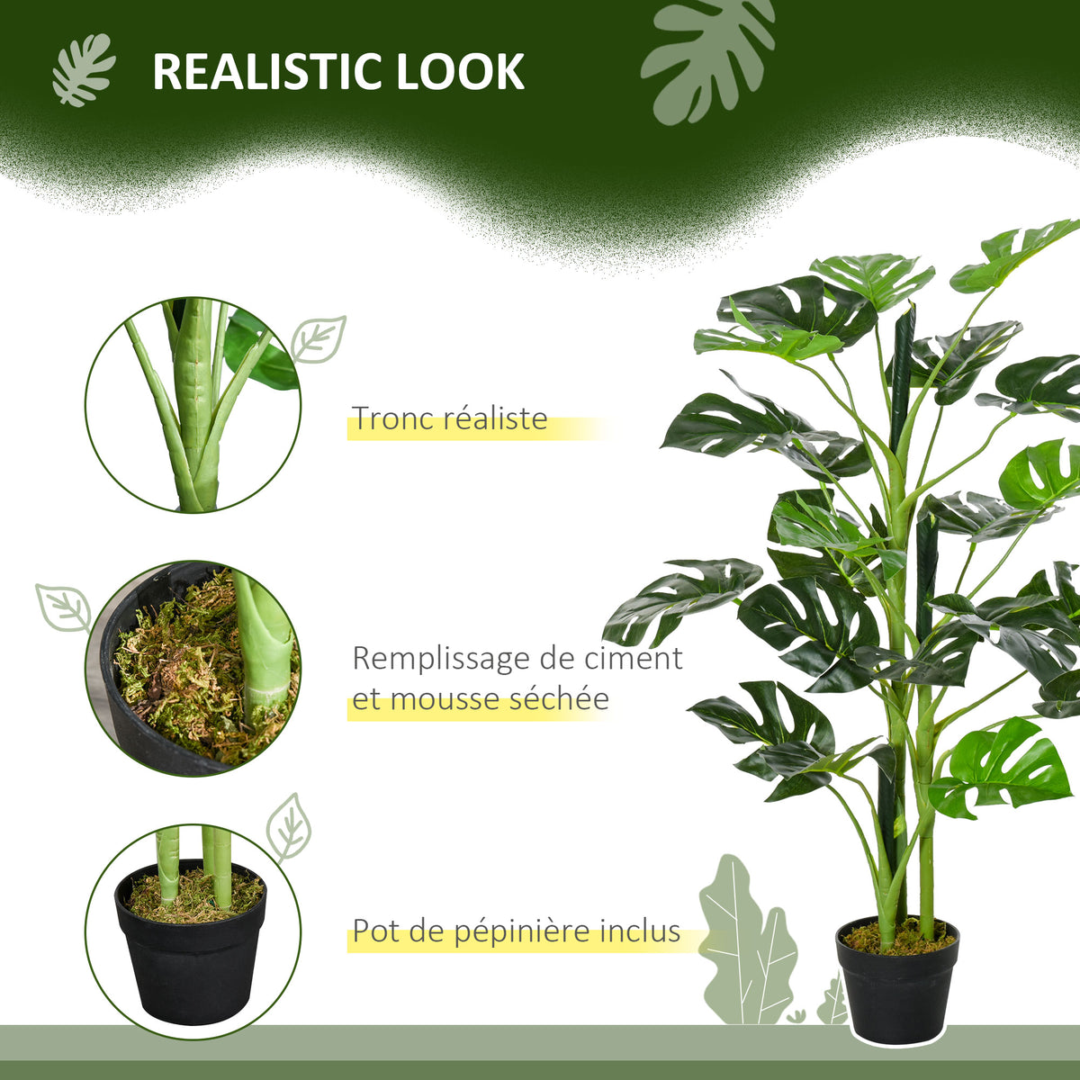 Plante artificielle modèle Monstera avec 21 feuilles en pot ciment, intérieur ou extérieur, dim. Ø16 x 100H cm-5