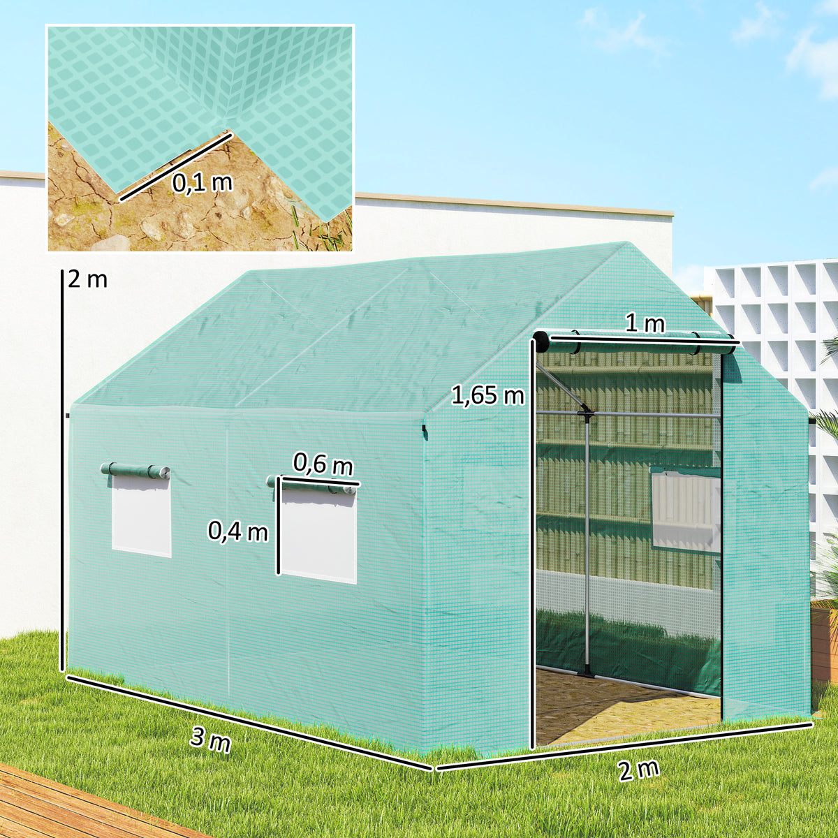 Serre de jardin tunnel 2 x 3m, 6m² avec porte enroulable, 4 fenêtres, - Acier galvanisé PE Haute densité Vert-2