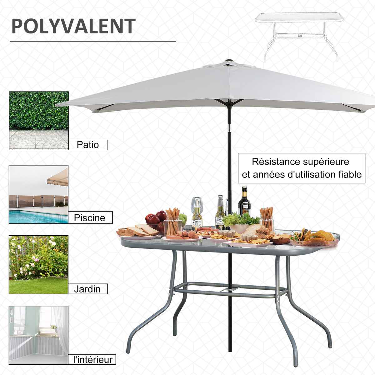 Table de Jardin rectangulaire dim. 120L X 80l x 70H cm métal époxy Gris Plateau Verre trempé-6