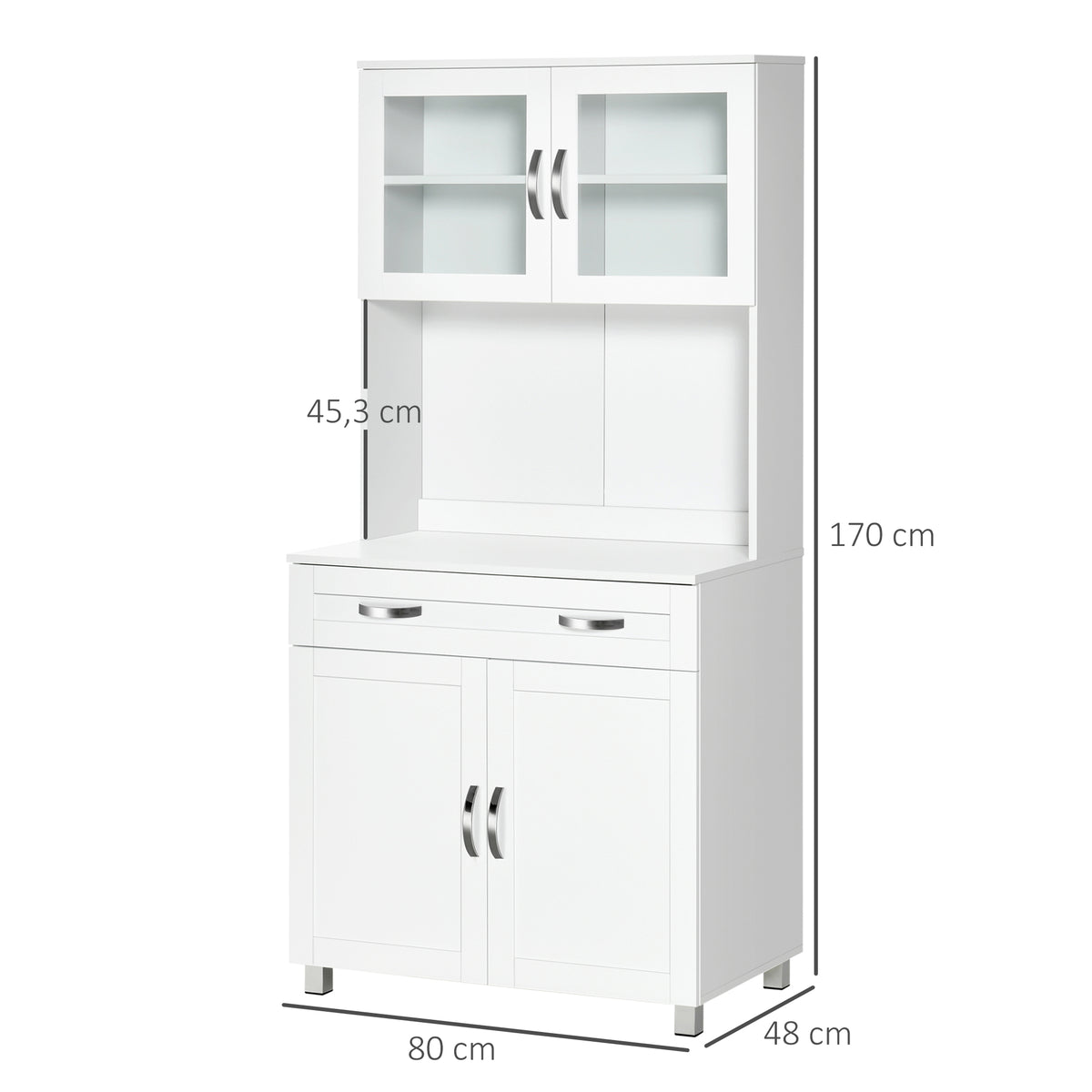 Buffet haut cuisine, armoire de cuisine, vaisselier, 4 portes dont 2 en verre, tiroir, plan de travail, étagères réglables, meuble de rangement pour salon salle à manger, 80x48x170cm, blanc-2