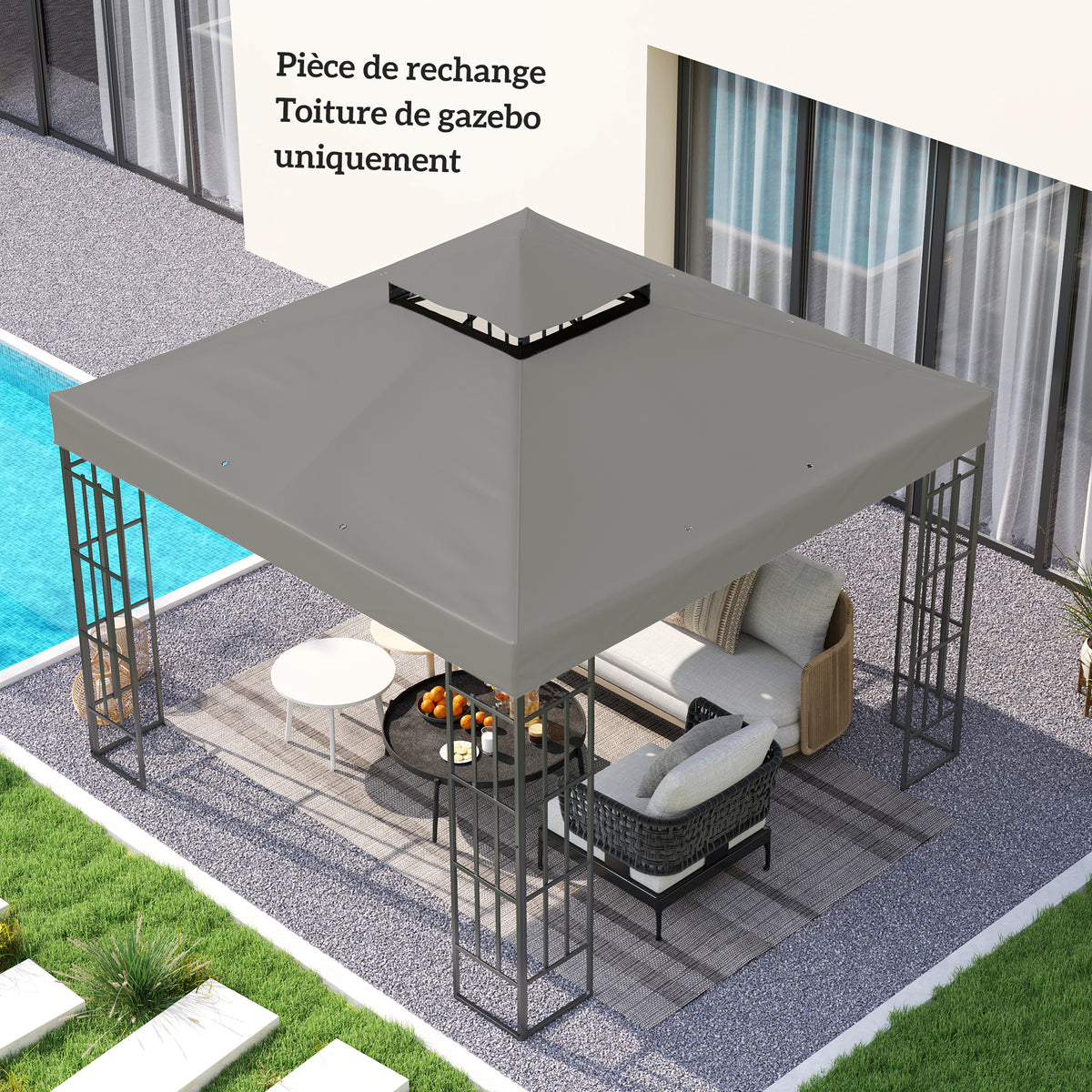 Toile pour tonnelle 3 x 3 m toile de rechange pour tonnelle à 2 niveaux protection UPF30+ trous de drainage gris-6