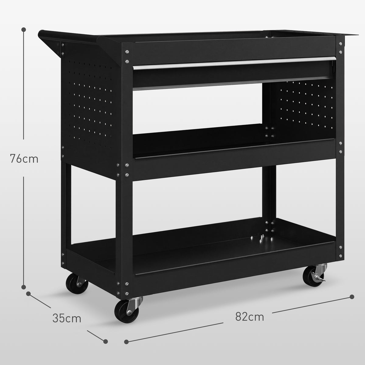 Chariot d'atelier servante atelier à 3 niveaux avec tiroir, porte-outils latéral et poignée, 82x35x76 cm, noir-2