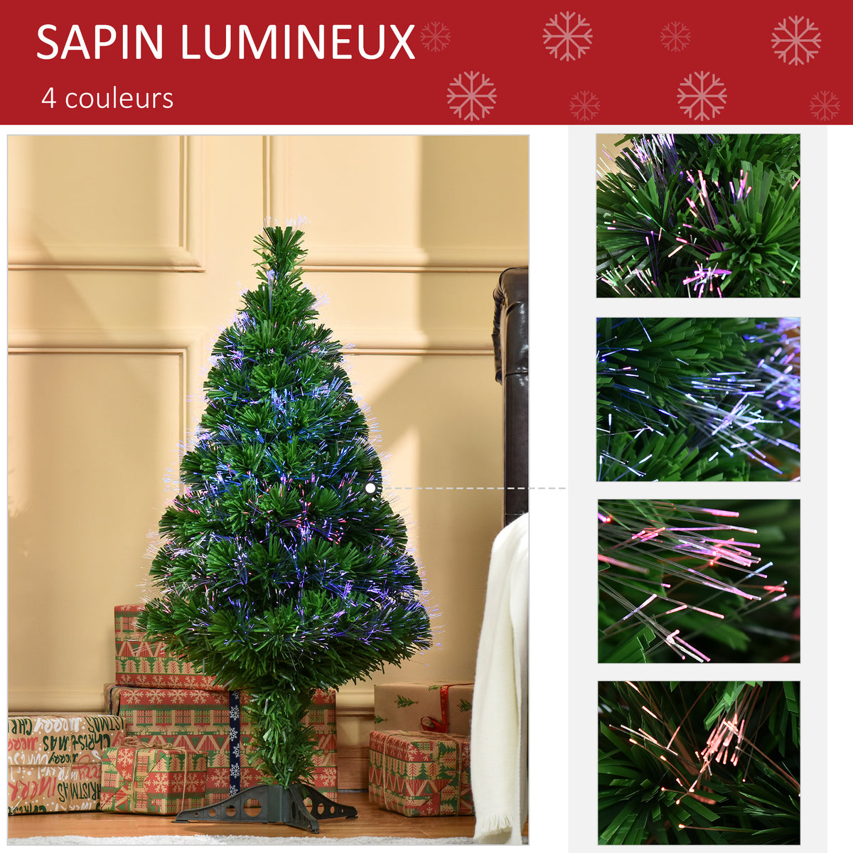 Sapin de Noël Artificiel Lumineux 90H cm Fibre Optique Multicolore + Support Pied 90 Branches Vert-4