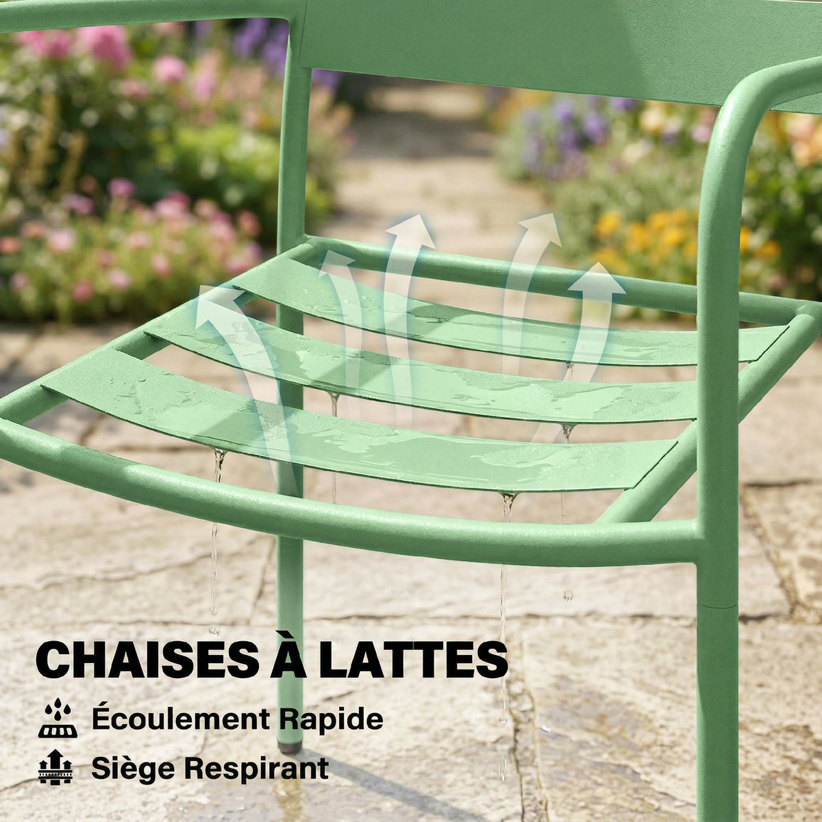 Ensemble bistrot de jardin 3 pièces - table basse en verre trempé et 2 chaises à lattes, cadre en acier galvanisé, vert-5