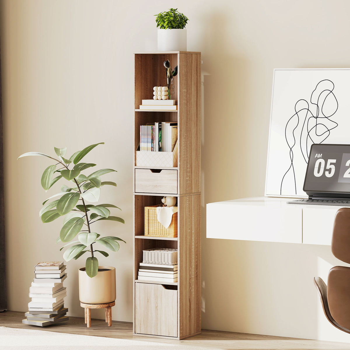 Bibliothèque, étagère à livres, meuble de rangement avec tiroir placard compartiments ouvertes, 30 x 24 x 158 cm naturel-1