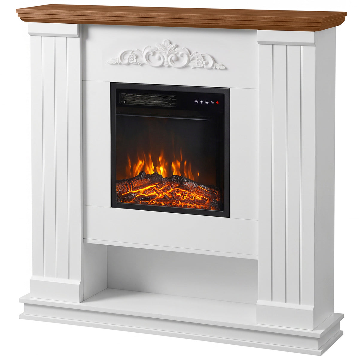 Cheminée Électrique 1800 W, Effet Flamme 3D Réaliste, avec Manteau et Étagère, 5 Niveaux de Luminosité, Blanc-0