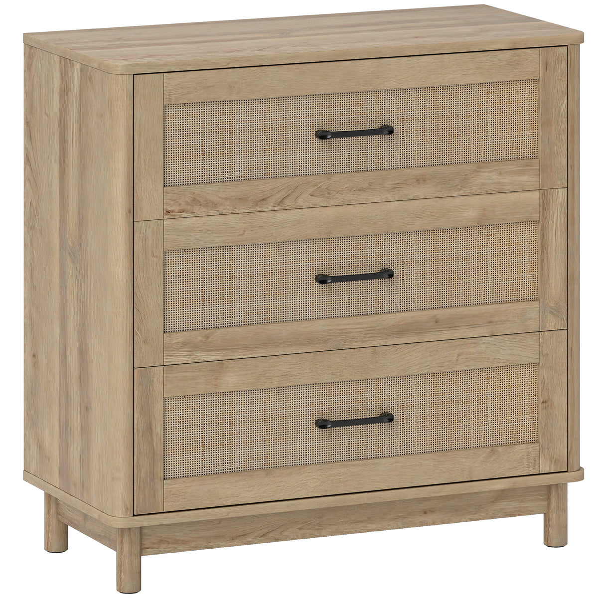 Commode 3 Tiroirs en Rotin, Meuble de Rangement, Chiffonnier, Pieds en Bois Massif, Style Bohème, 76x35x76cm, Chêne-0