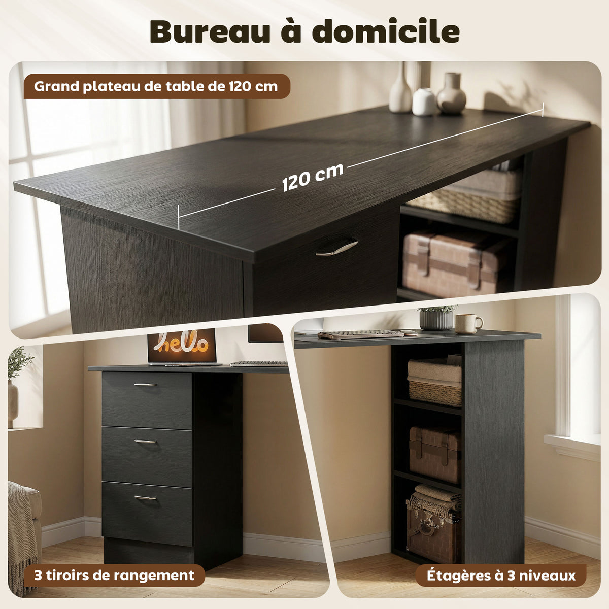 Bureau d'ordinateur avec 3 tiroirs et 3 étagères ouvertes, 120x49x72cm, bureau avec rangement réversible, style moderne, table informatique pour chambre, petit espace, télétravail, noir-3