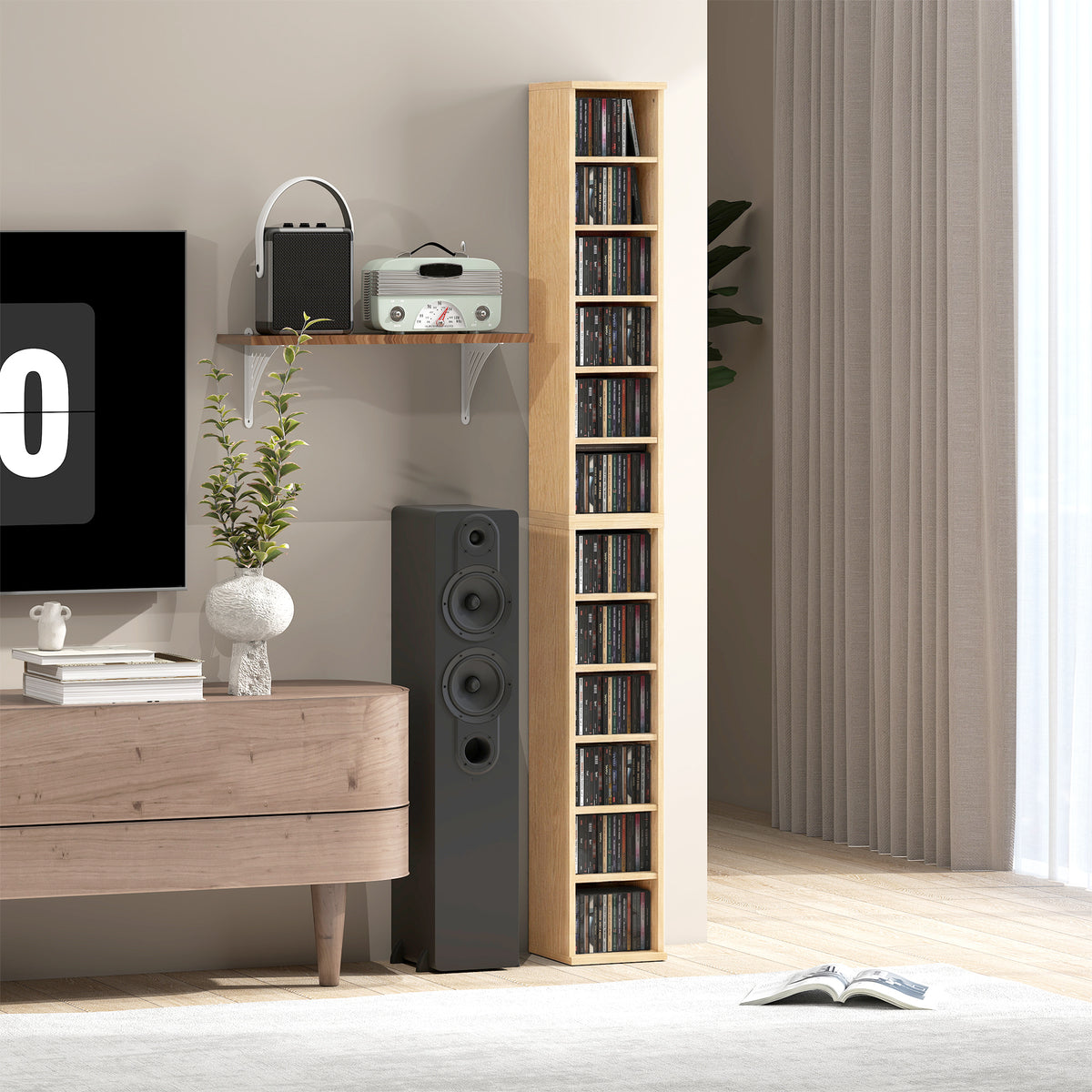 Lot de 2 étagères colonnes armoire de rangement CD-DVD 12 compartiments 21 x 22,5 x 88,5 cm capacité 204 CD bois naturel-9