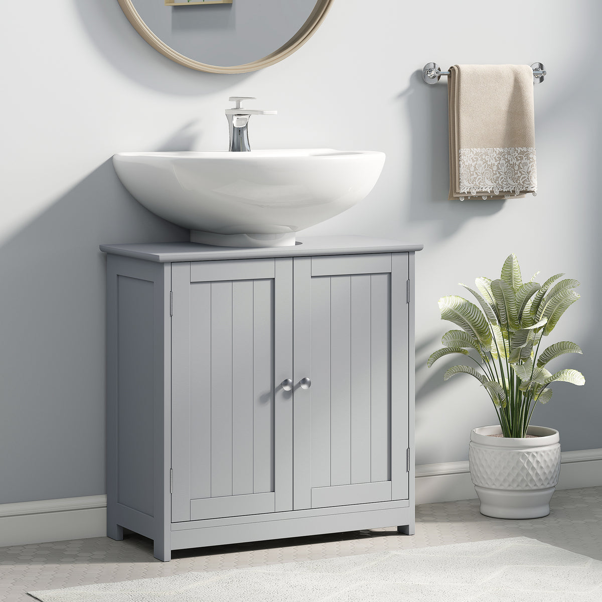Meuble salle de bain sous lavabo - meuble sous-vasque - placard 2 portes avec étagère 60L x 30l x 60H cm - en bois Gris-1