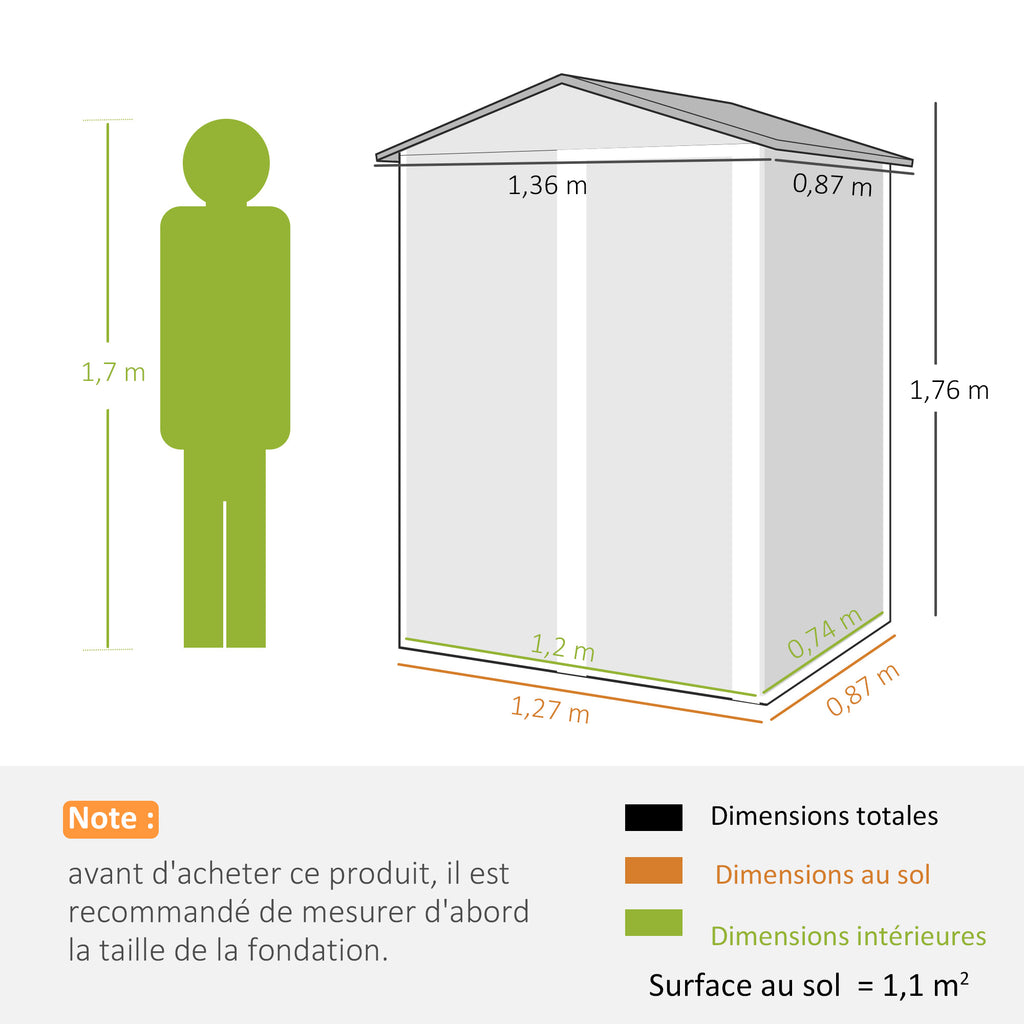 Abri de jardin en métal 1,2 m², cabane jardin extérieure, porte coulissante verrouillable, 136x87x176cm, gris-2