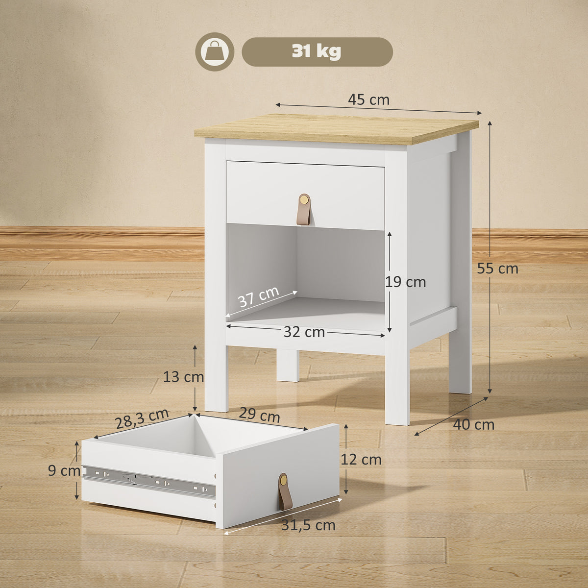 Lot de 2 tables de chevet avec tiroir et compartiment ouvert, 45 x 40 x 55 cm, blanc-2