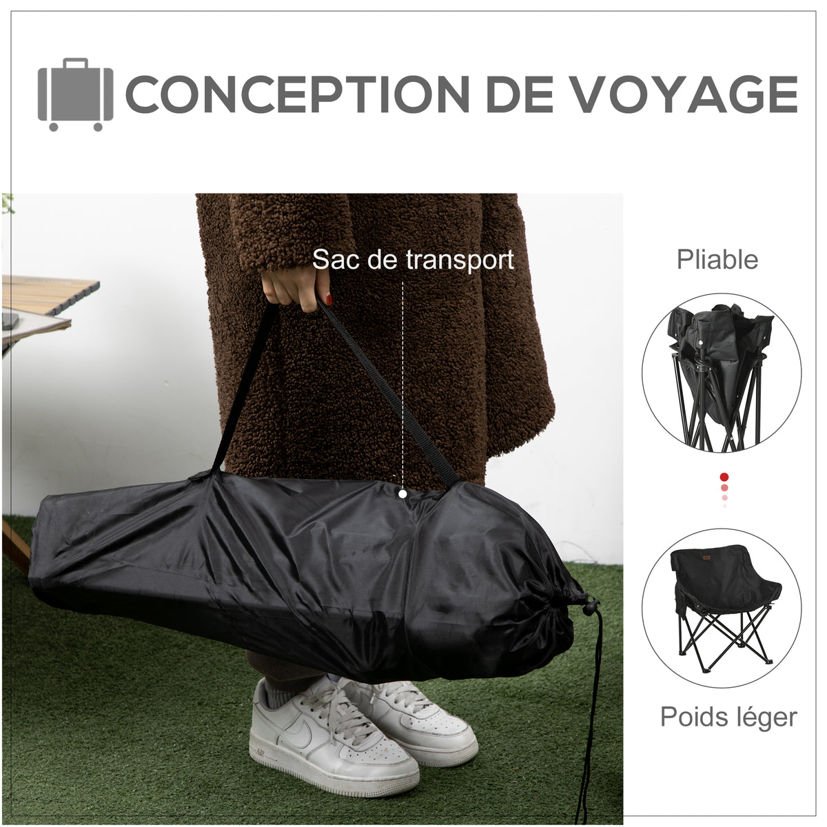 Chaise de camping pliable avec sac de transport et pochette latérale compact ultra légère noir-3