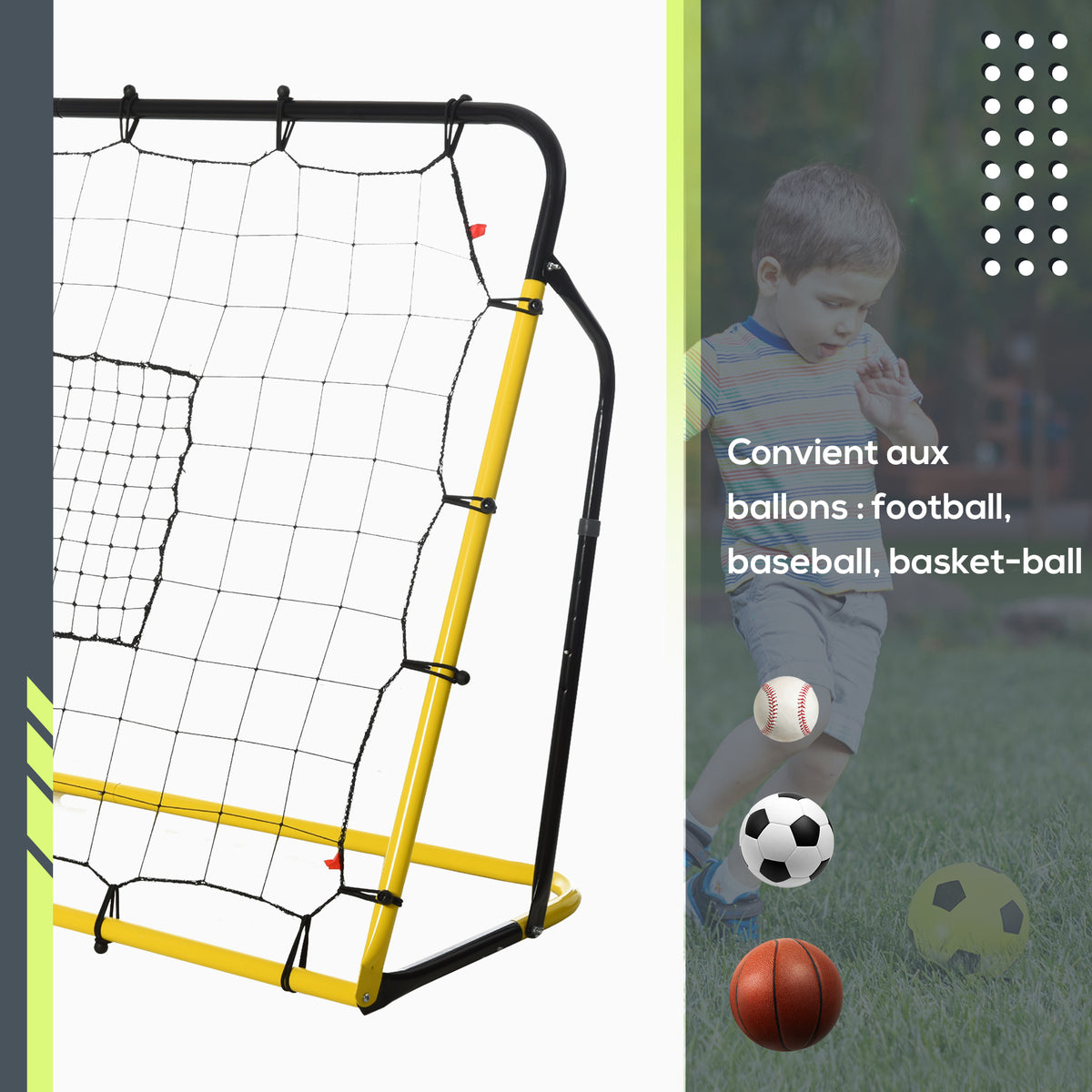 Filet de rebond de football, 184L x 123H cm, rebondisseur de football, 5 angles réglables de 60° à 90°,  jaune et noir-4
