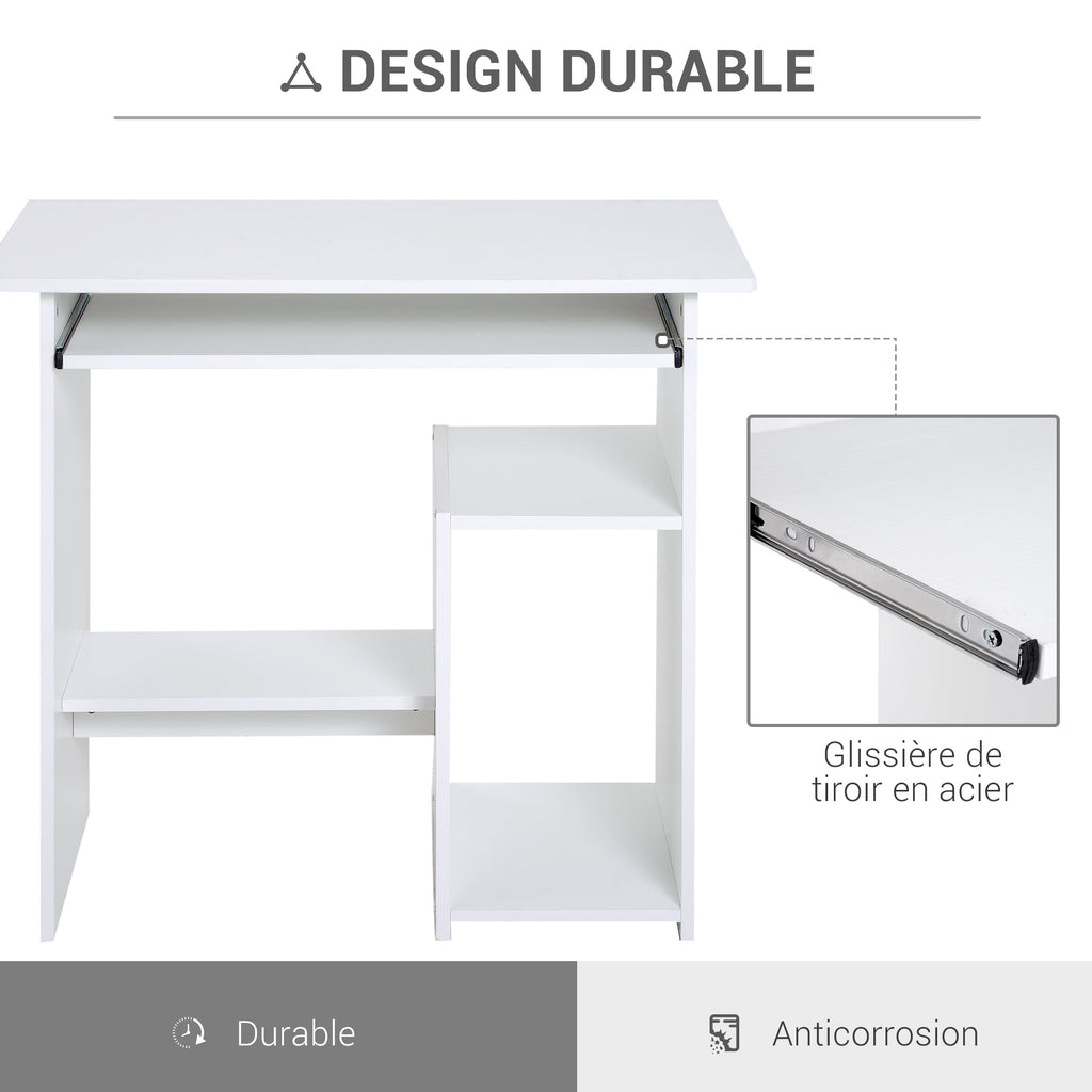 Bureau d'ordinateur, bureau avec rangement, plateau pour clavier et support de moniteur, 80 x 45 x 75 cm, blanc-5