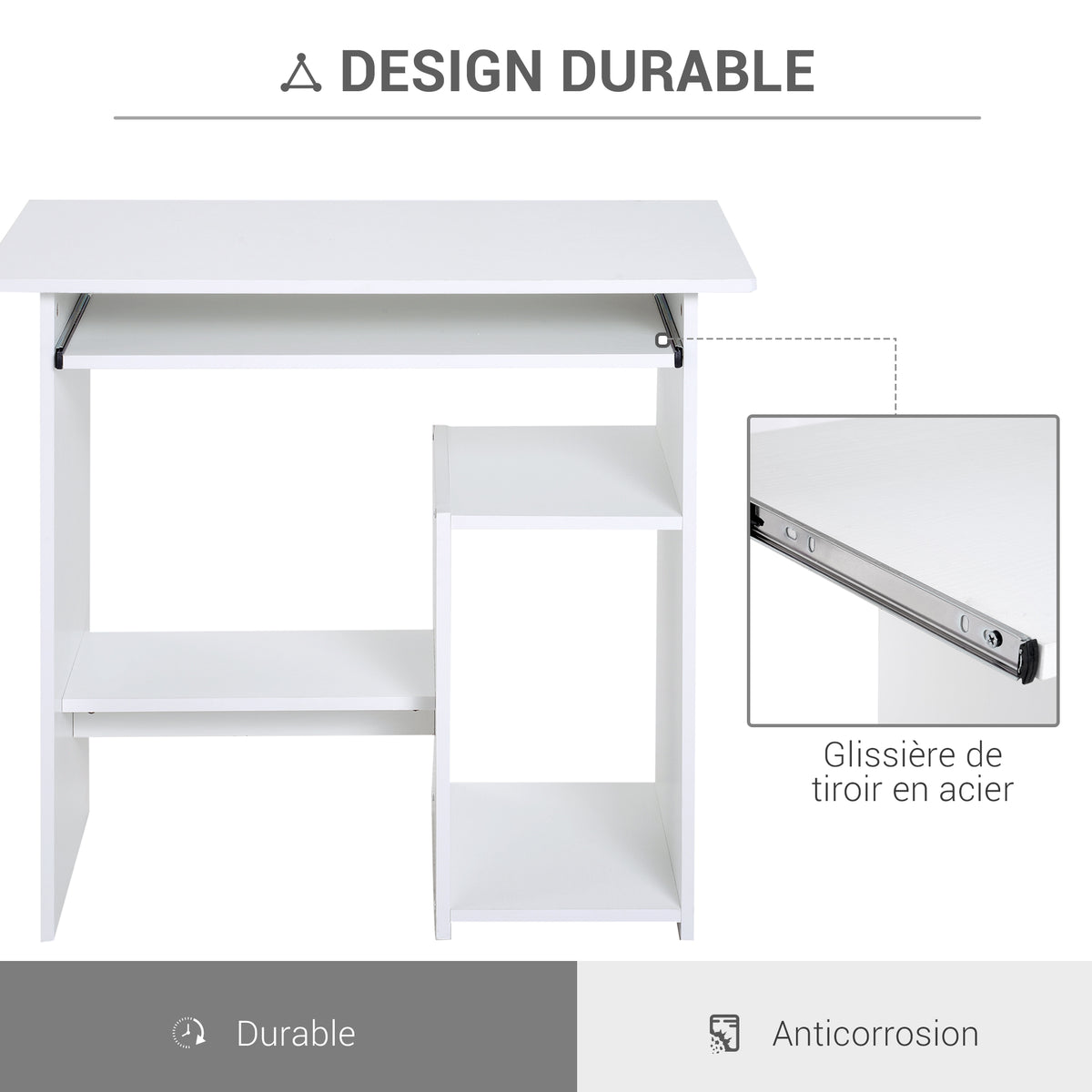 Bureau d'ordinateur, bureau avec rangement, plateau pour clavier et support de moniteur, 80 x 45 x 75 cm, blanc-5