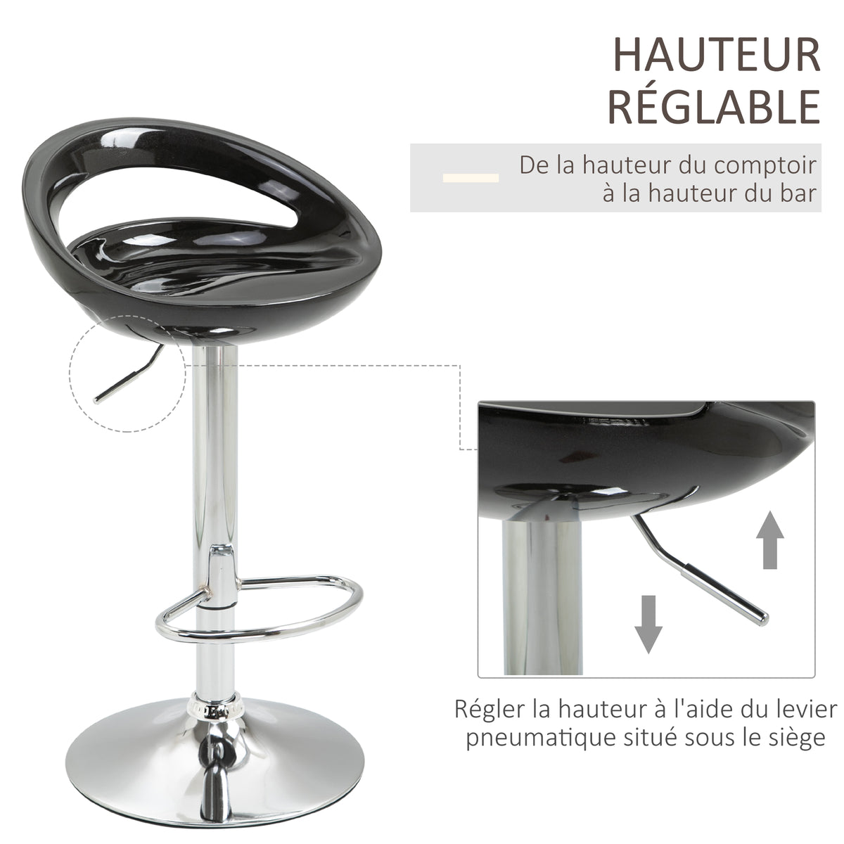 Lot de 2 tabourets de bar chaises de bar hauteur réglable dossier et repose-pieds pivotant à 360° 46x41x76-96cm noir-3