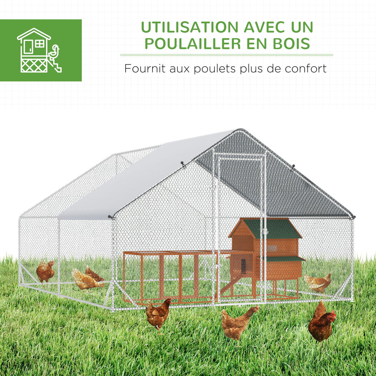 Enclos poulailler chenil volière extérieur 24 m² - Parc grillagé dim. 3L x 8l x 2H m - Espace Couvert - Acier galvanisé-4