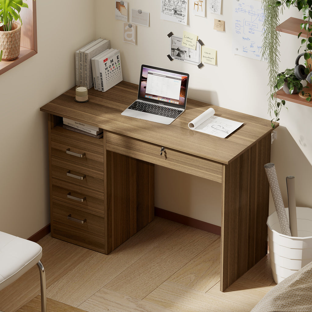 Bureau Informatique avec 5 Tiroirs, 110 x 50 cm, Bureau avec Rangement, Étagère Ouverte, Tiroir Verrouillable, Noyer-5