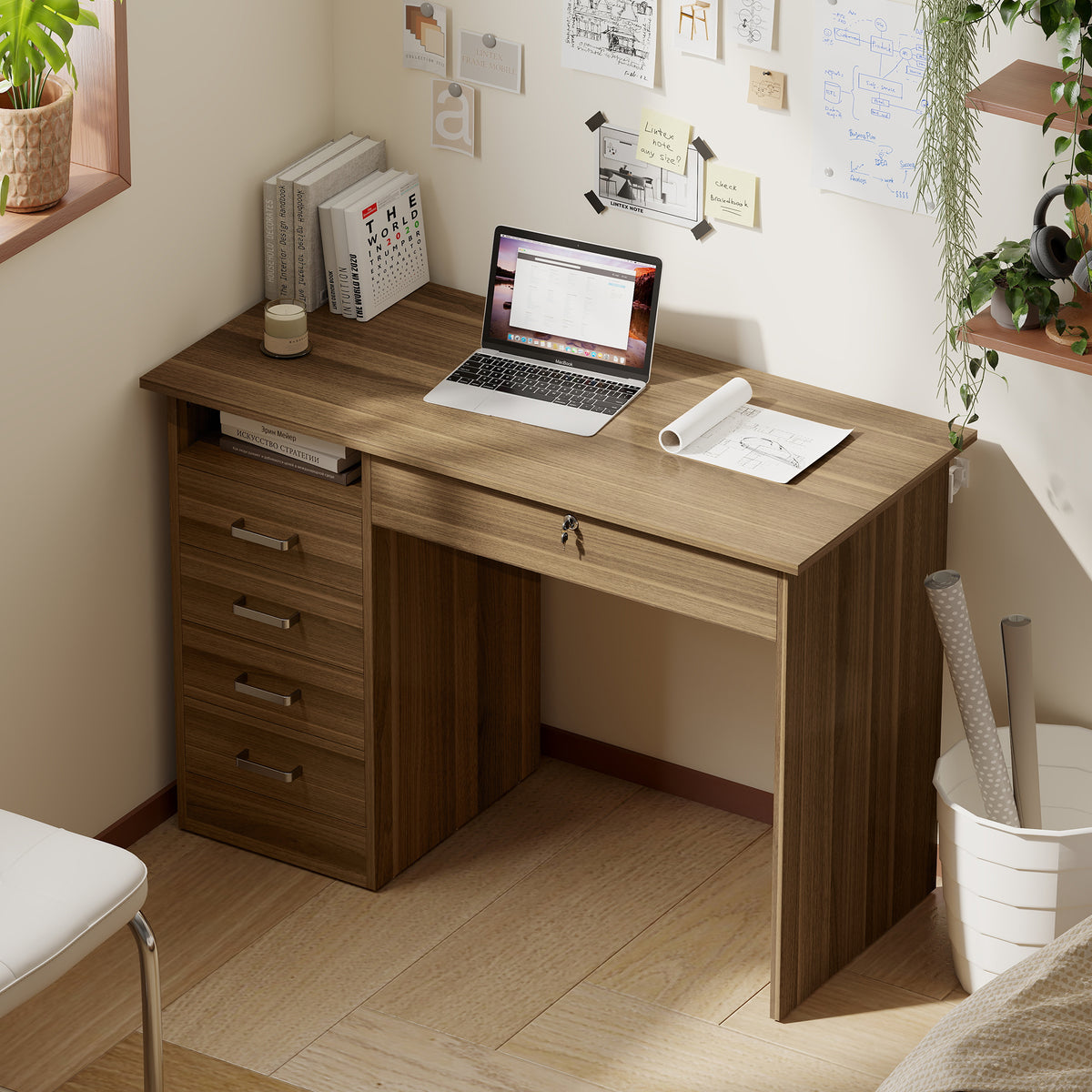 Bureau Informatique avec 5 Tiroirs, 110 x 50 cm, Bureau avec Rangement, Étagère Ouverte, Tiroir Verrouillable, Noyer-5