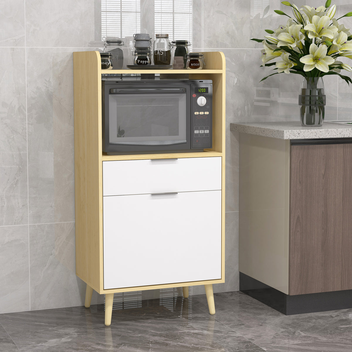 Meuble desserte de cuisine pour micro-ondes avec placard tiroir étagère réglable 58 x 40 x 118 cm naturel et blanc-1