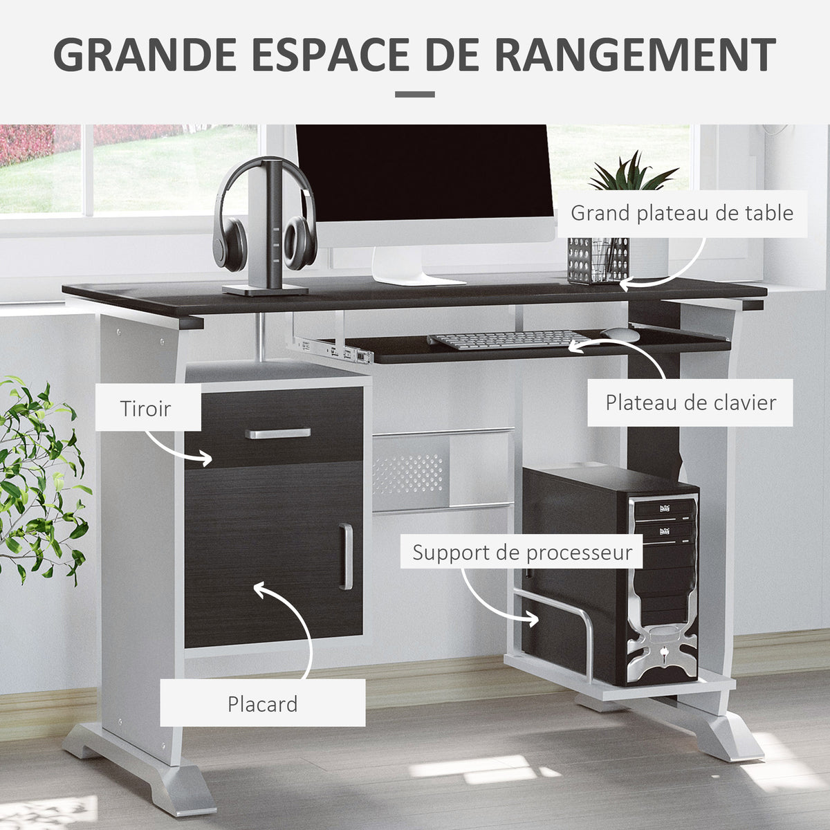Bureau d'ordinateur, 100 x 52 x 75 cm, bureau avec tablette coulissante pour clavier, tiroirs et support d'unité centrale, table informatique pour étudier noyer foncé et blanc-3