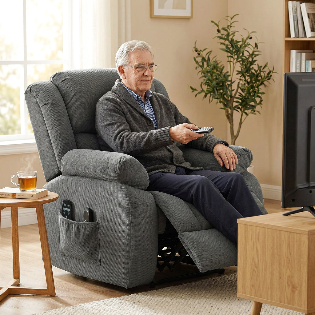 Fauteuil releveur électrique massage et chauffage avec repose-pied, dossier inclinable, télécommande et poche latérale-8