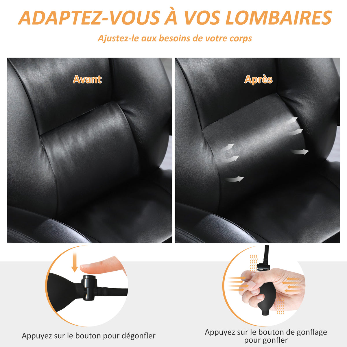 Chaise bureau ergonomique fauteuil de bureau en PU soutien lombaire gonflable dossier inclinable hauteur réglable noir-3