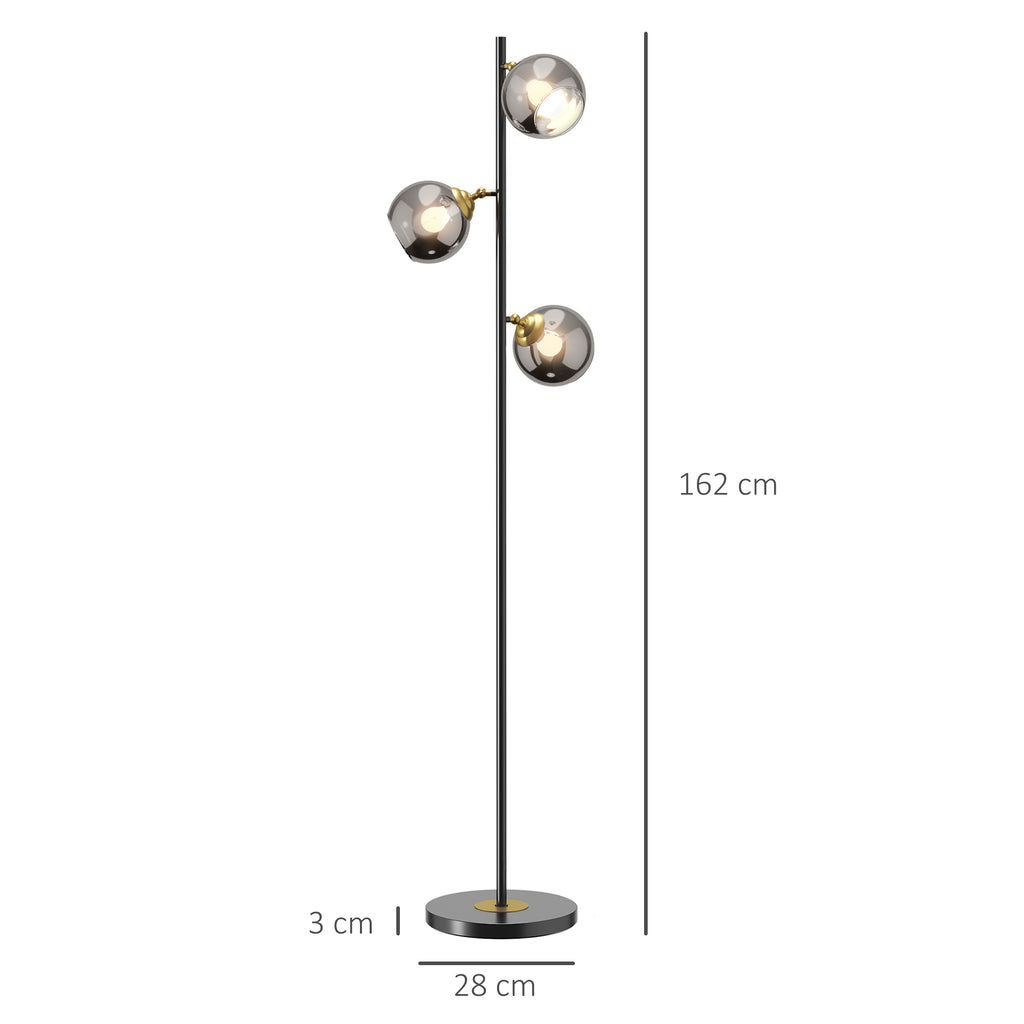 Lampadaire sur pied salon en métal avec 3 abat-jours globe métal chromé 40W Ø 36 x 162H cm noir et gris-2