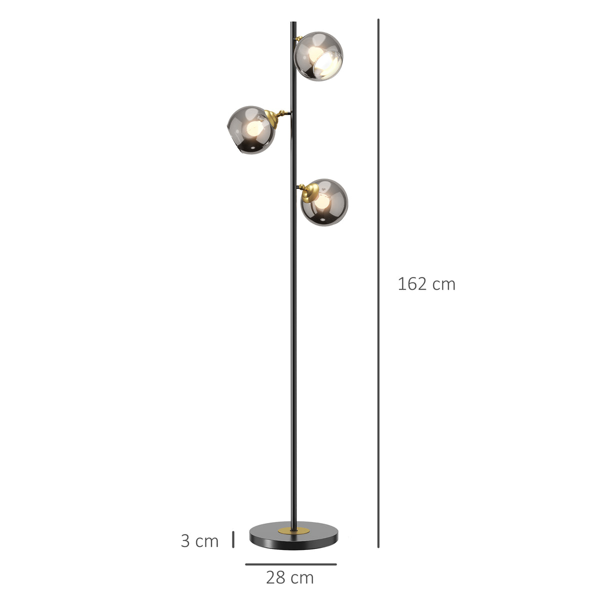 Lampadaire sur pied salon en métal avec 3 abat-jours globe métal chromé 40W Ø 36 x 162H cm noir et gris-2