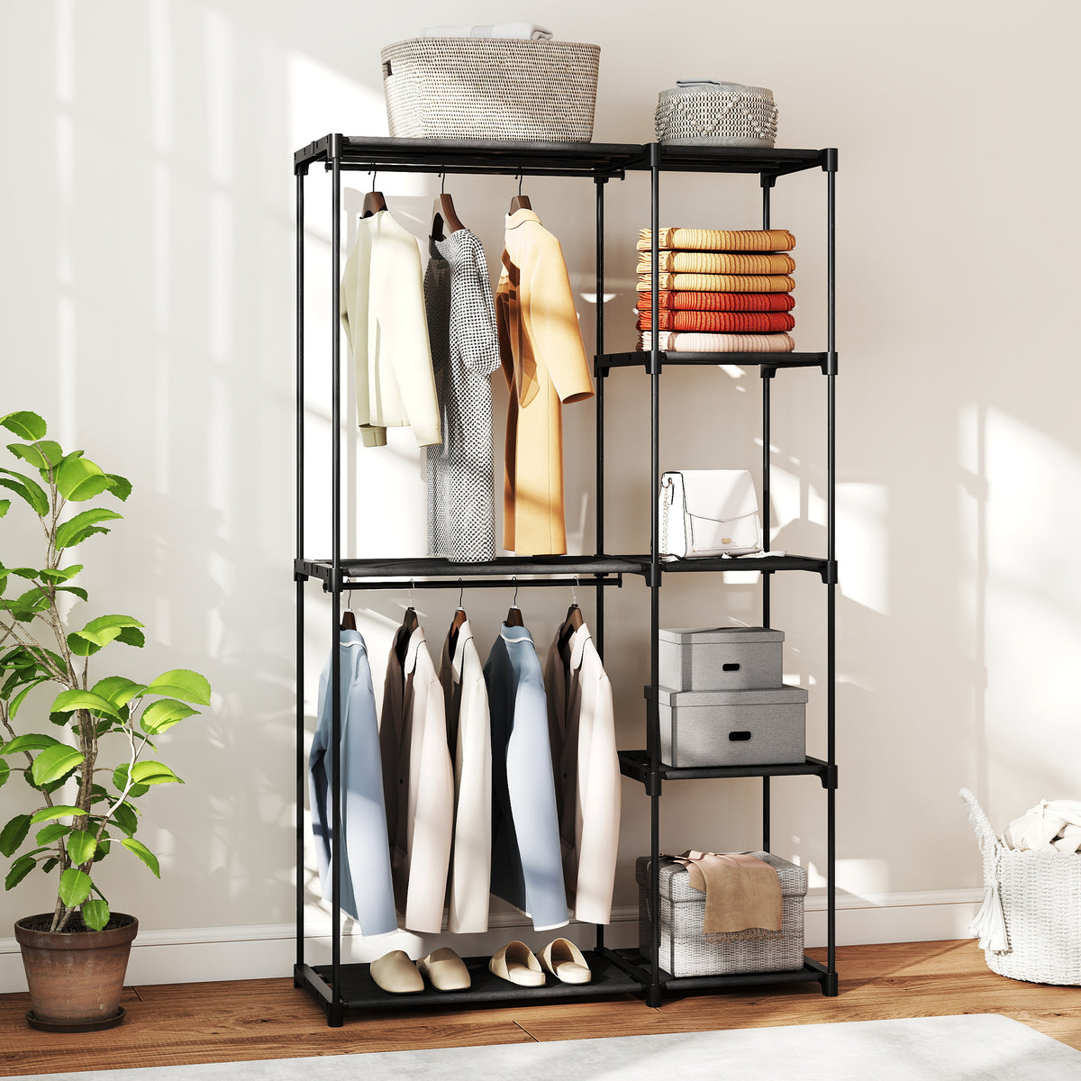 Armoire de rangement, penderie portable avec 2 barres de suspension et 6 étagères, 111 x 43 x 185 cm, noir-1