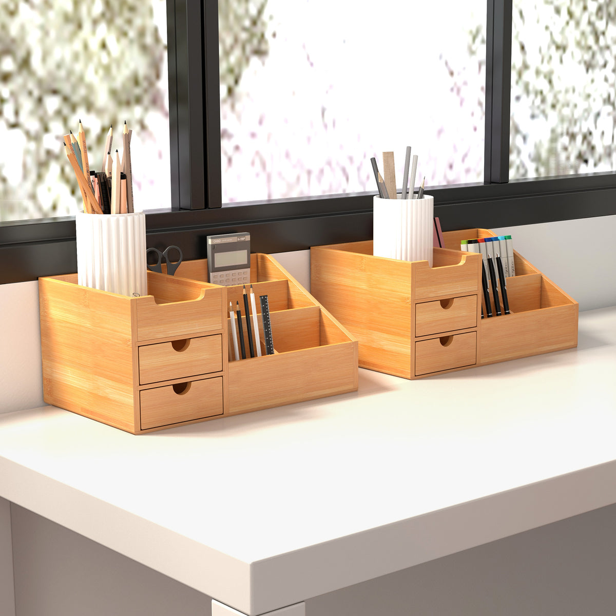 Lot de 2 boîtes de Rangement de Bureau - Organiseur de Bureau - 7 Compartiments, 2 tiroirs - Bambou Verni-9
