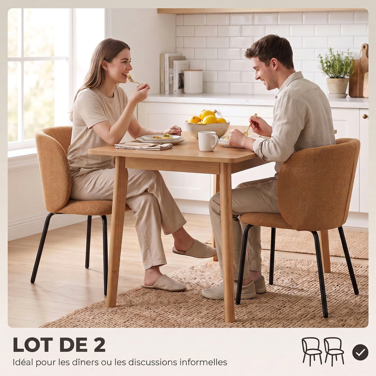 Lot de 2 Chaises Salle à Manger Rembourrées en Chenille, Dossier Incurvé, Pieds Métal, Style Moderne, 57x58x77cm, Orange-3