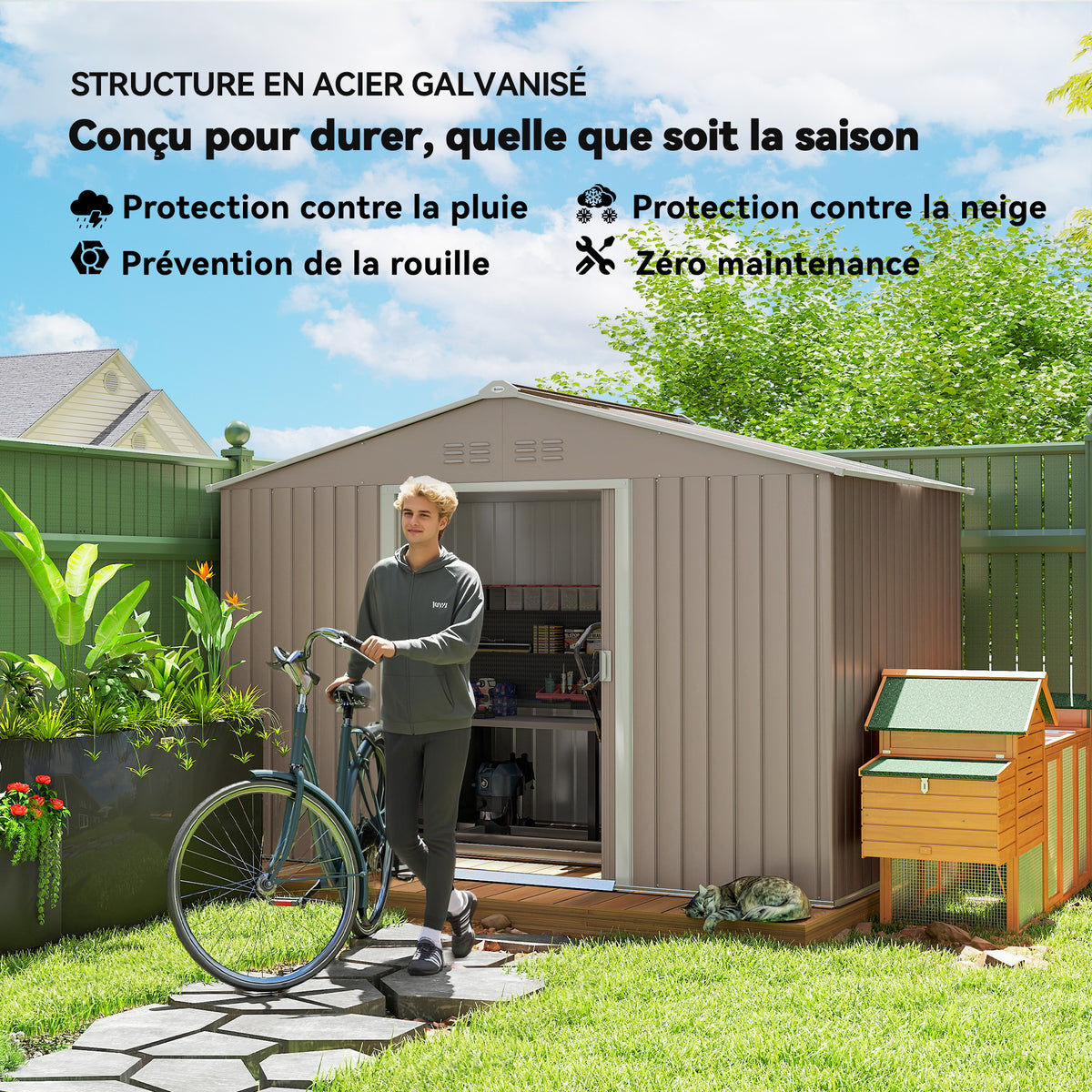 Abri de jardin 5,4 m² 2,77 x 1,95 x 1,92 m kit de fondation porte coulissante ventilations tôle acier, gris clair-4