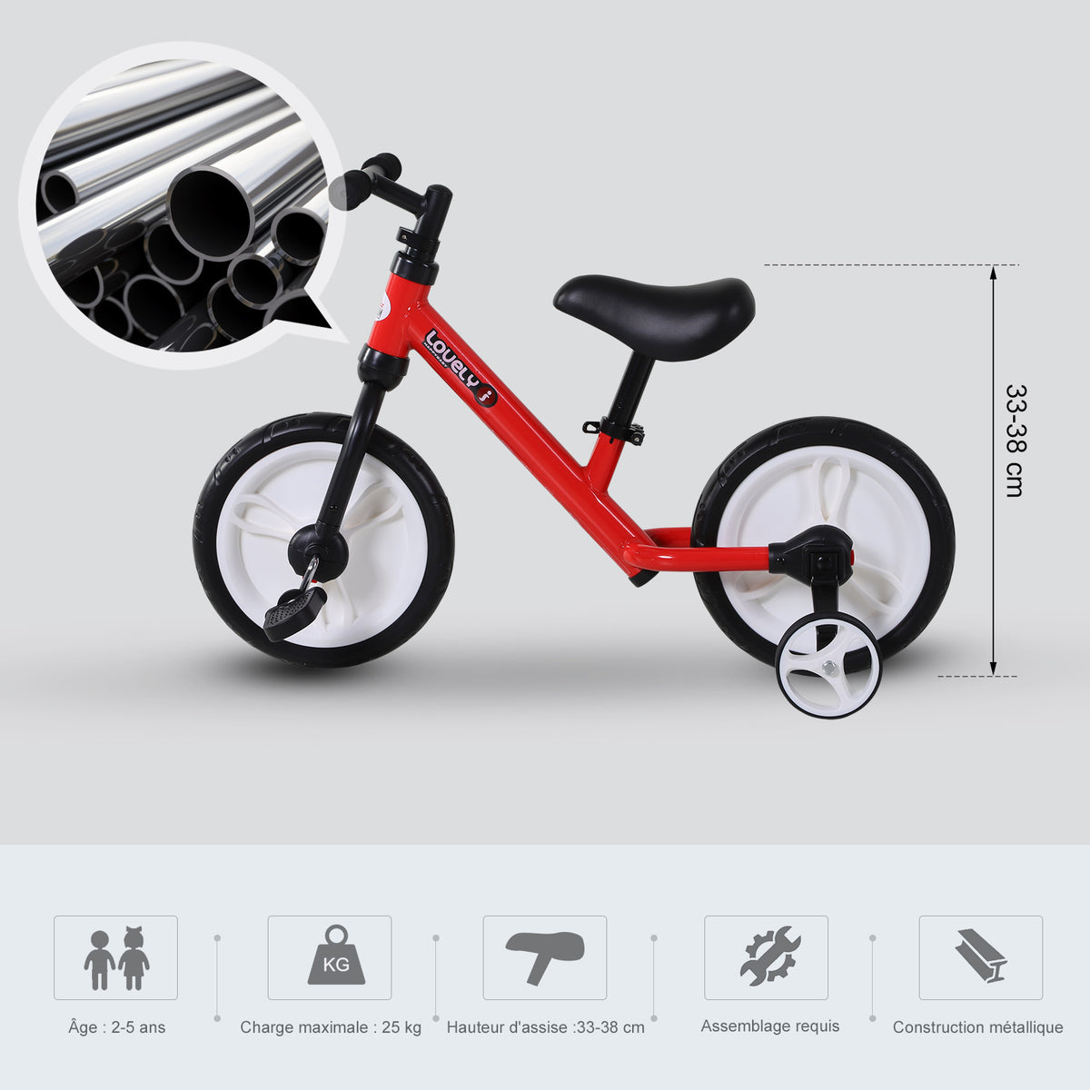 Vélo Enfant draisienne 2 en 1 roulettes et pédales Amovibles Roues 12" Hauteur Selle réglable pour enfants de 2 à 5 ans Acier Rouge-4