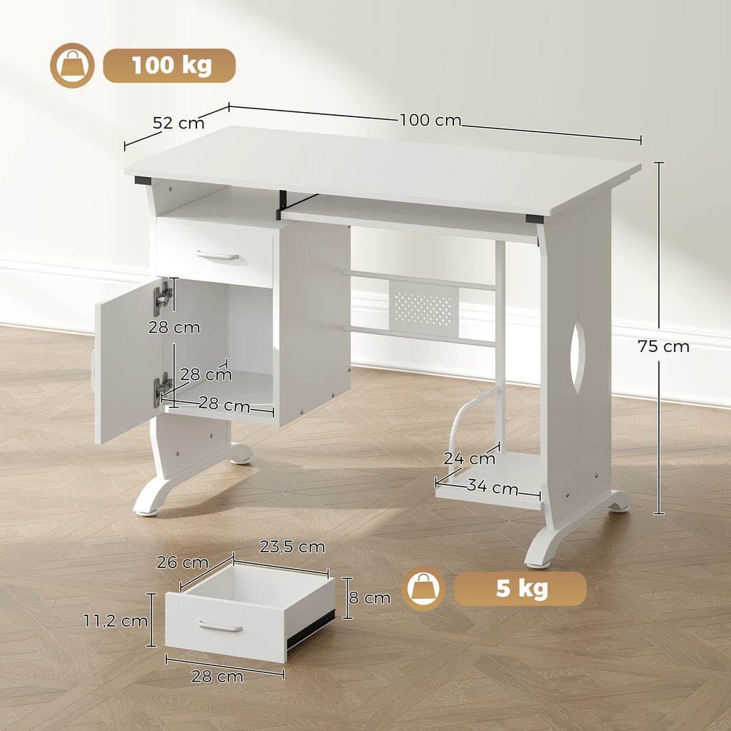 Bureau d'ordinateur, 100 x 52 x 75 cm, tablette coulissante pour clavier, tiroirs et support d'unité centrale, blanc-2