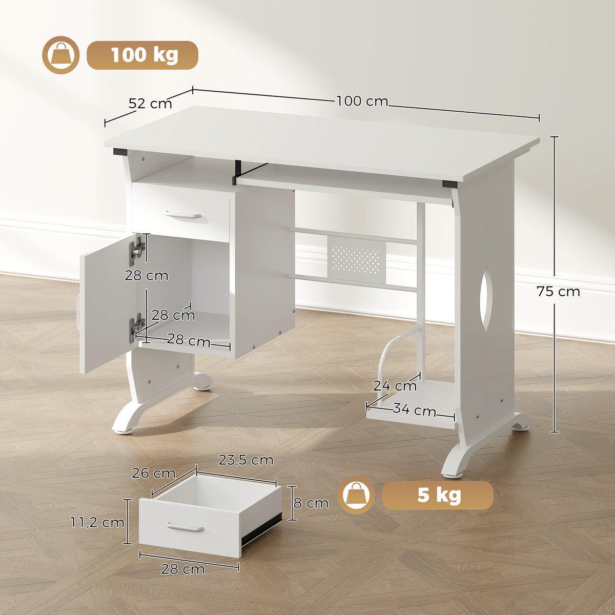 Bureau d'ordinateur, 100 x 52 x 75 cm, tablette coulissante pour clavier, tiroirs et support d'unité centrale, blanc-2